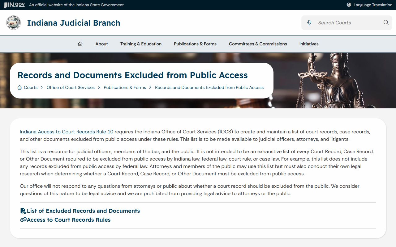 Switzerland County court records excluded records guidance