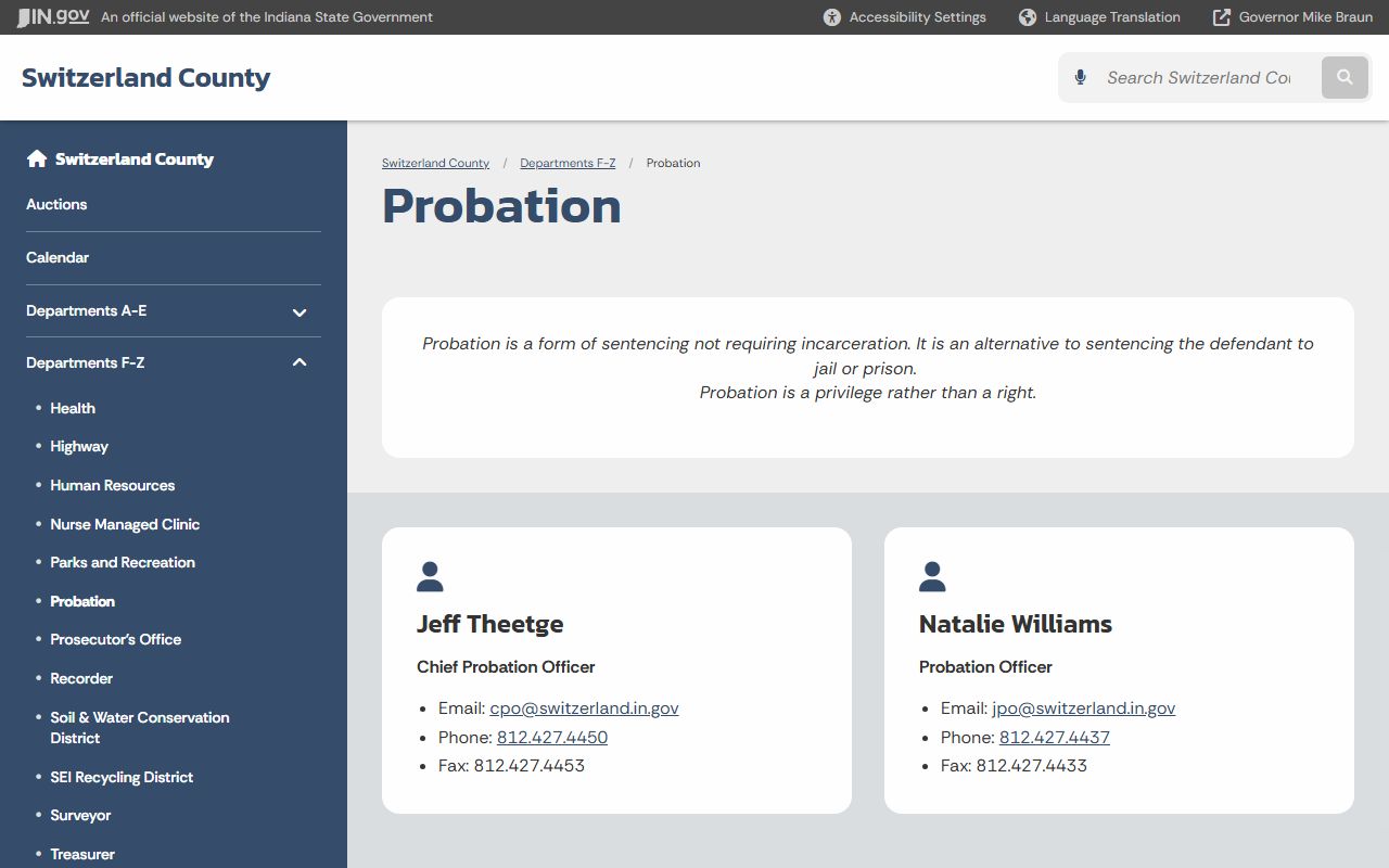 Switzerland County criminal court records probation page