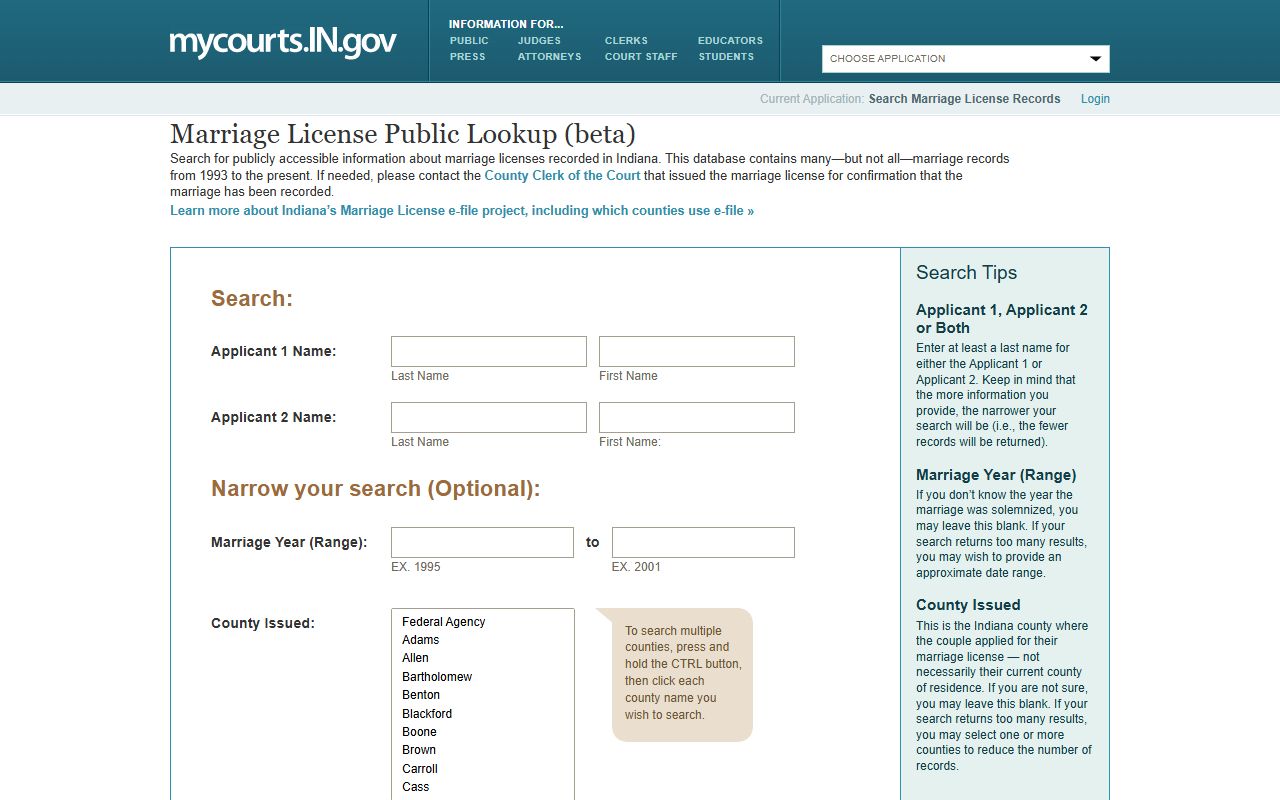 Switzerland County marriage records public lookup fields