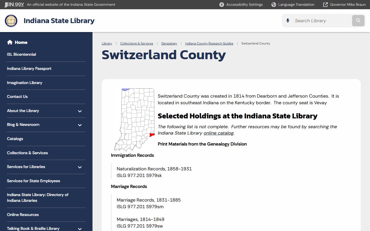 Switzerland County marriage and divorce records State Library guide