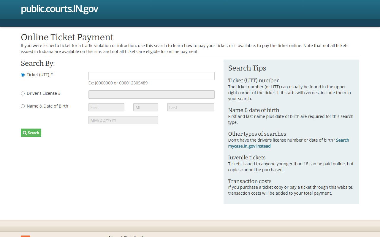 Switzerland County traffic court records Indiana ePay ticket payment page