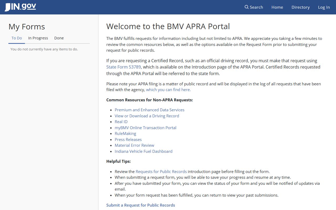 Switzerland County traffic court records Indiana BMV APRA request portal