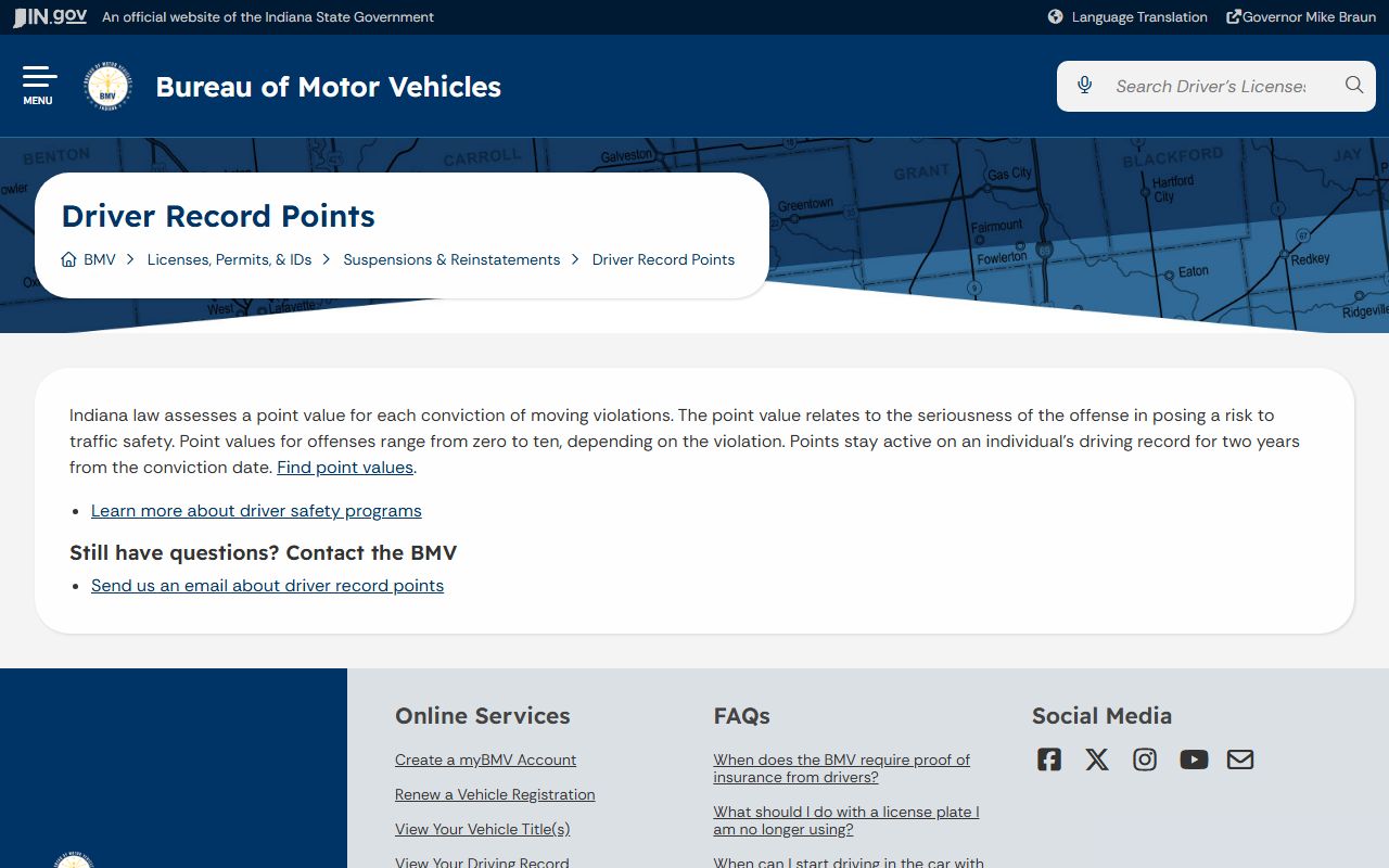 Switzerland County traffic court records Indiana BMV driver record points page