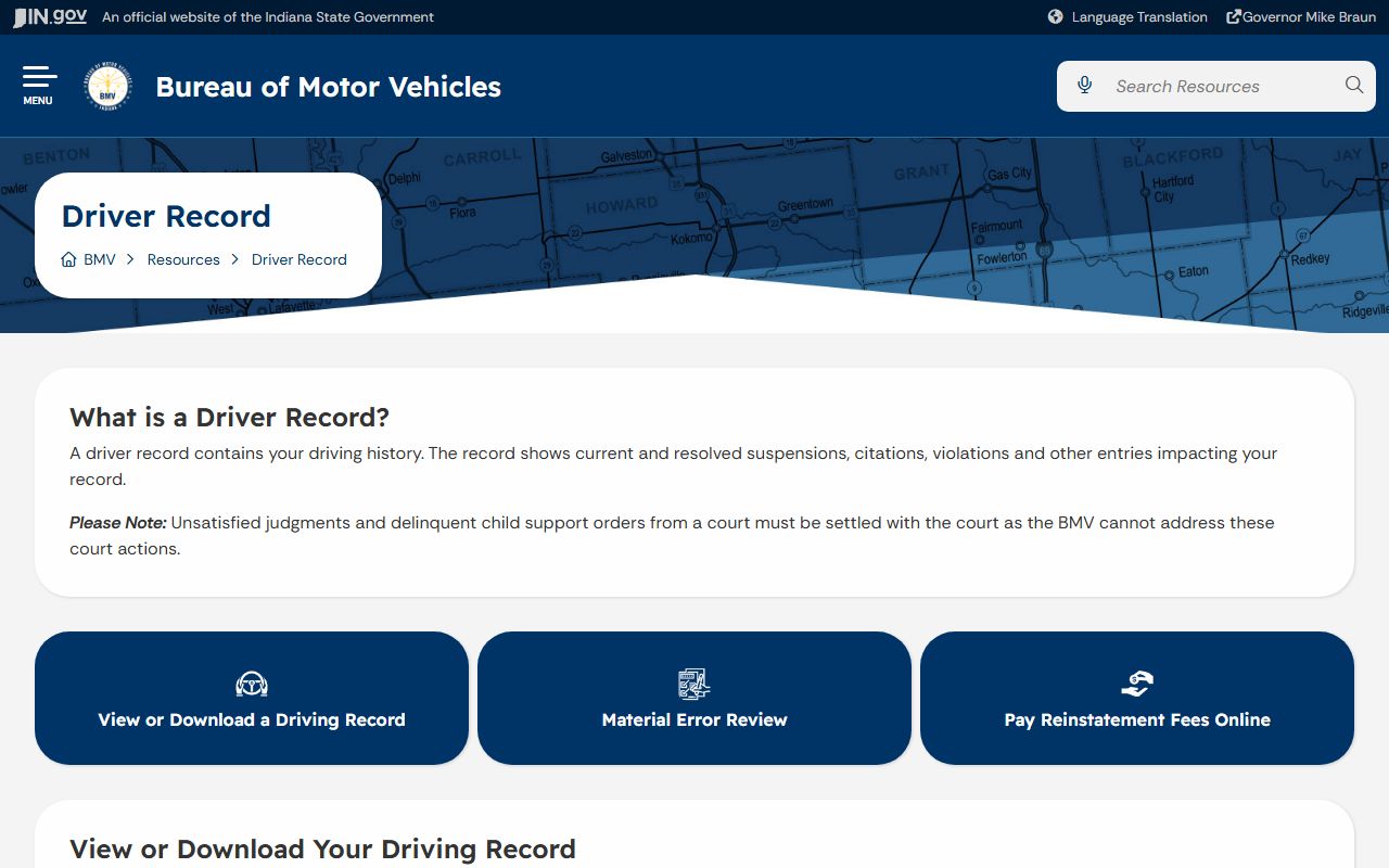 Switzerland County traffic court records Indiana BMV driver record page